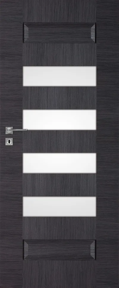 Ciemnoszara drzwi z trzema poziomymi przeszkleniami, z metalowym uchwytem i zamkiem.