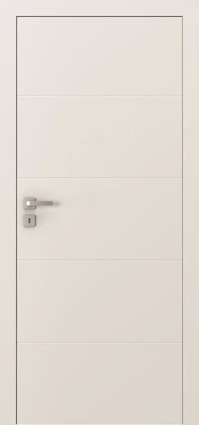 Biała, gładka drzwi z metalowym uchwytem i zamkiem, z poziomymi liniami dekoracyjnymi.