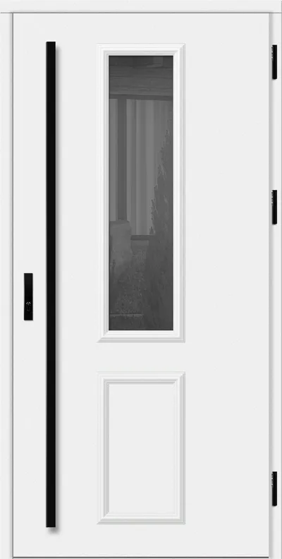 Biała drzwi z prostokątnym oknem, czarnymi uchwytami i ozdobnym panelem. W tle widoczne rośliny.