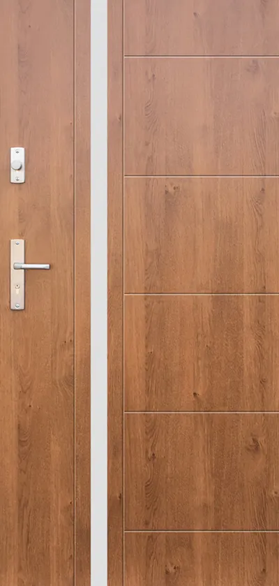 Brązowe drzwi z metalowym zamkiem i uchwytem, z delikatnymi liniami na powierzchni.