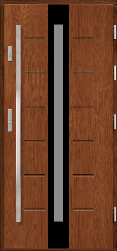 Drewniane drzwi z metalowymi elementami, z prostokątnym przeszkleniem pośrodku.