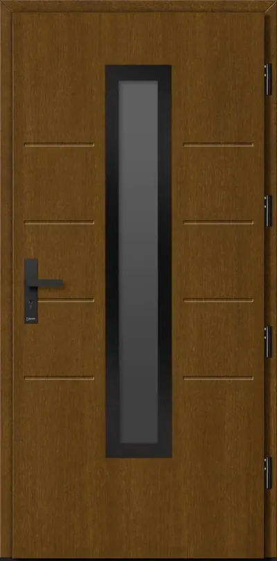 Brązowe drzwi z prostokątnym oknem i czarną klamką, z poziomymi rowkami na powierzchni.