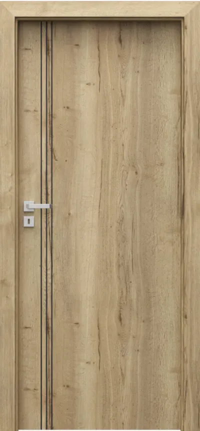 Drzwi w kolorze jasnego drewna z metalowym zamkiem i minimalistycznym wzorem wzdłuż krawędzi.