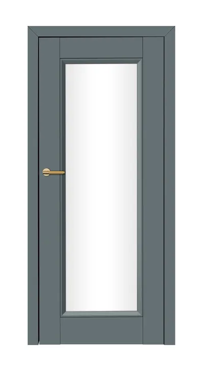 Szara drzwi z przeszklonym panelem i złotym uchwytem, minimalistyczny design.