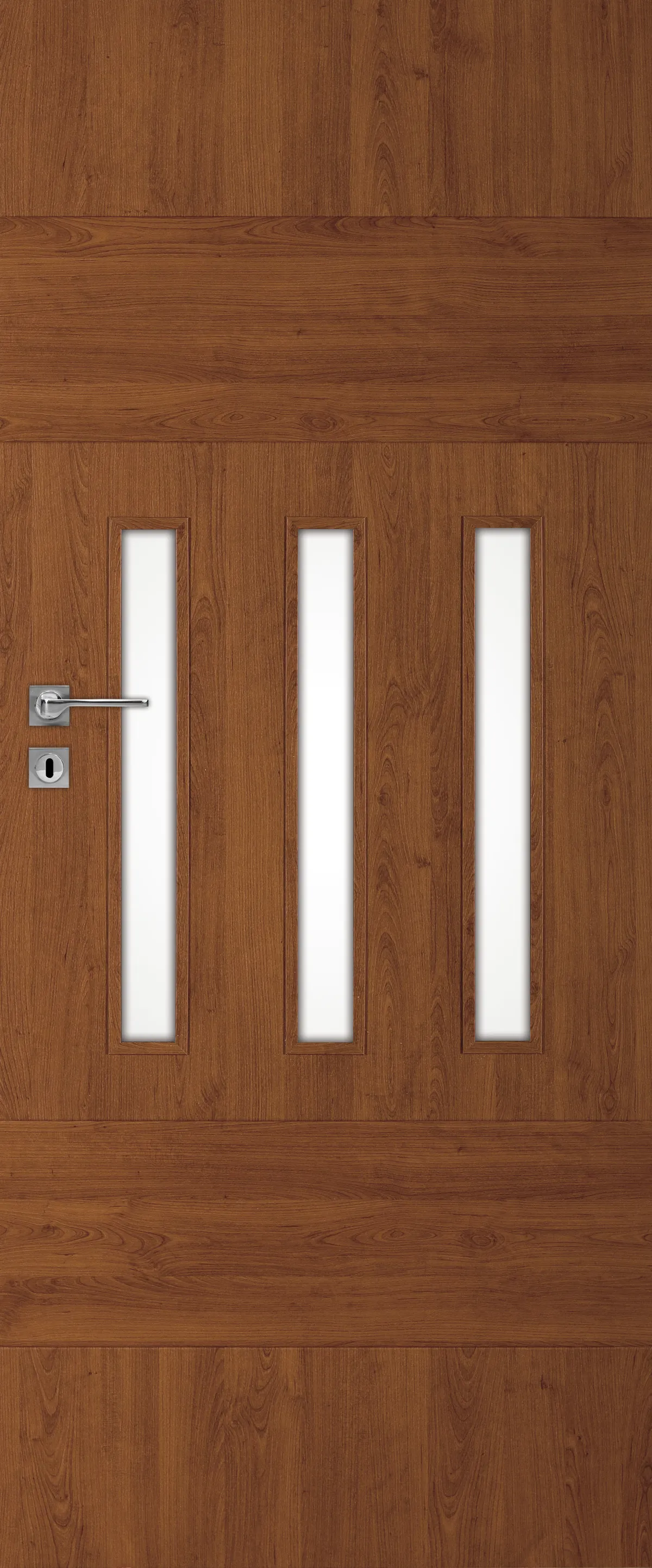Brązowe drzwi z trzema prostokątnymi przeszkleniami i metalowym zamkiem.