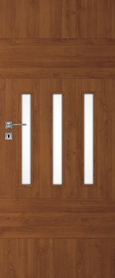 Brązowe drzwi z trzema prostokątnymi przeszkleniami i metalowym zamkiem.