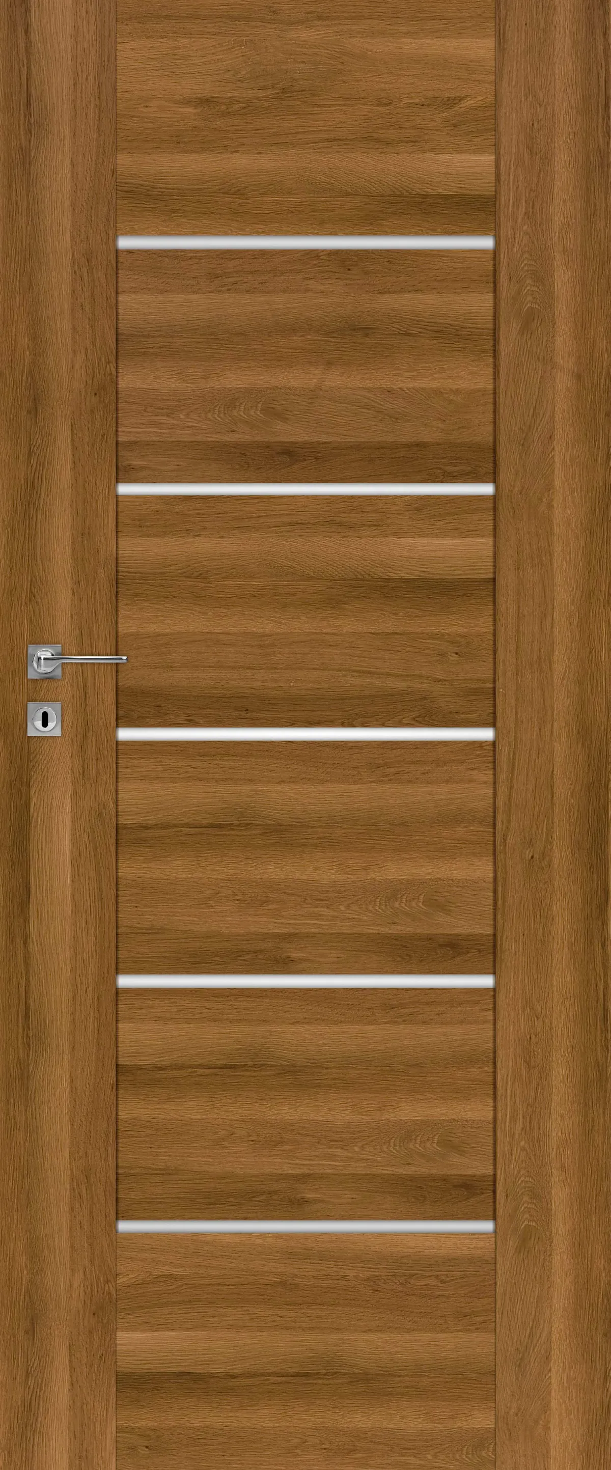Brązowe drzwi z poziomymi, białymi paskami dekoracyjnymi i metalowym zamkiem.