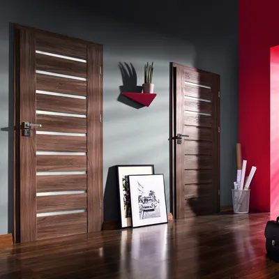 Dwa drewniane drzwi z poziomymi przeszkleniami, obok doniczka z rośliną i ramki ze zdjęciami na podłodze.