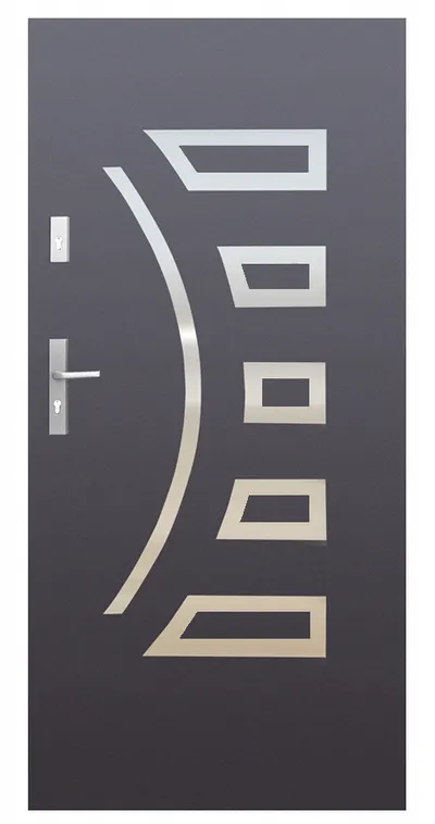 Czarna drzwi z metalowymi, geometrycznymi wzorami w kształcie prostokątów i łuku.