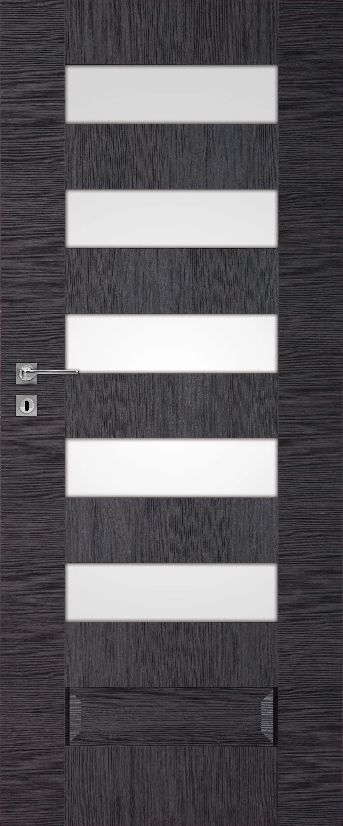Drzwi w ciemnym kolorze z sześcioma poziomymi przeszkleniami, metalowym uchwytem i zamkiem.