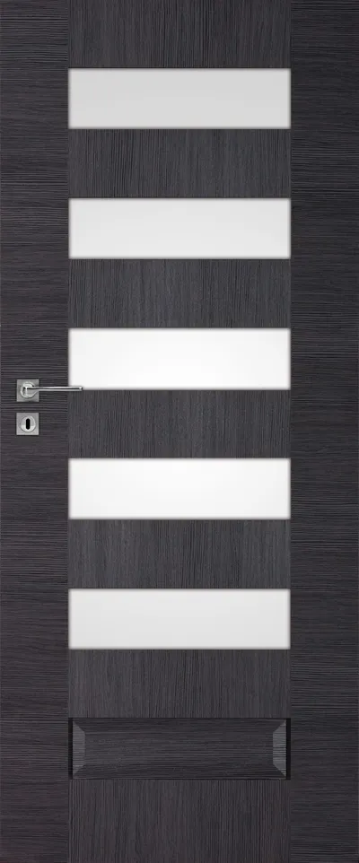 Drzwi w ciemnym kolorze z sześcioma poziomymi przeszkleniami, metalowym uchwytem i zamkiem.