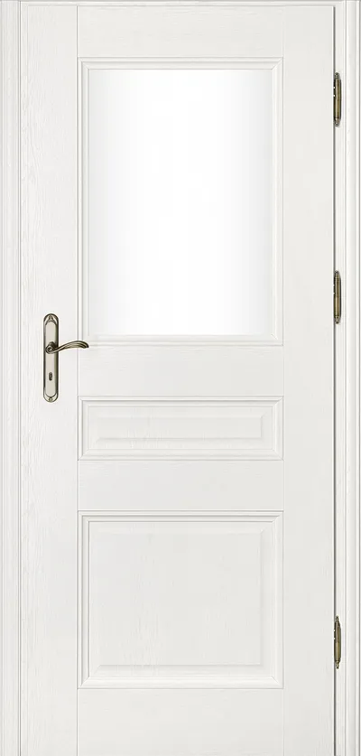 Biała drzwi z przeszklonym panelem i ozdobnymi wyżłobieniami, z metalowym uchwytem.