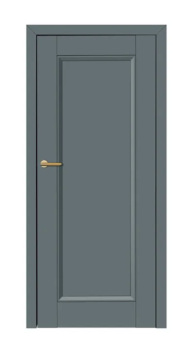 Szara drzwi wewnętrzne z prostym panelem i złotym uchwytem.