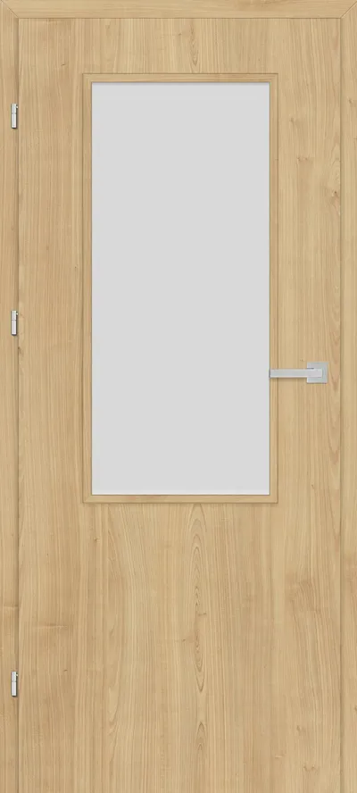 Drzwi w kolorze jasnego drewna z prostokątnym oknem i metalowym zamkiem.