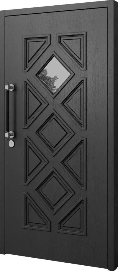 Czarna drzwi z dekoracyjnymi, diamentowymi wzorami i małym oknem w górnej części.