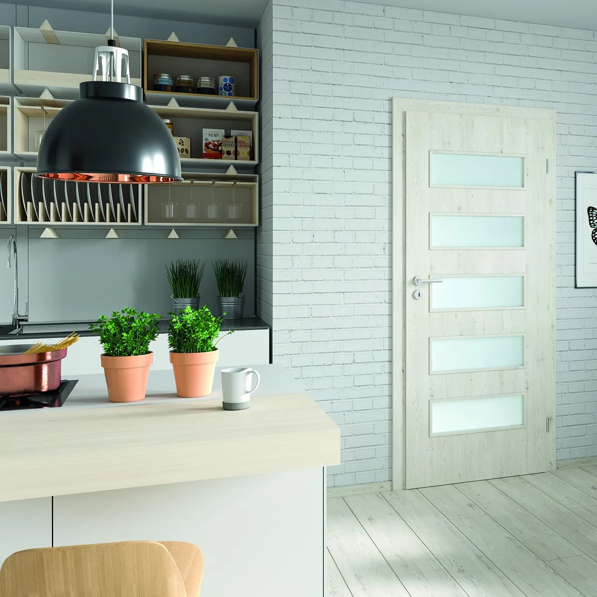 Nowoczesna kuchnia z jasnymi meblami, roślinami w doniczkach i dużą lampą sufitową. Na ścianie białe cegły.