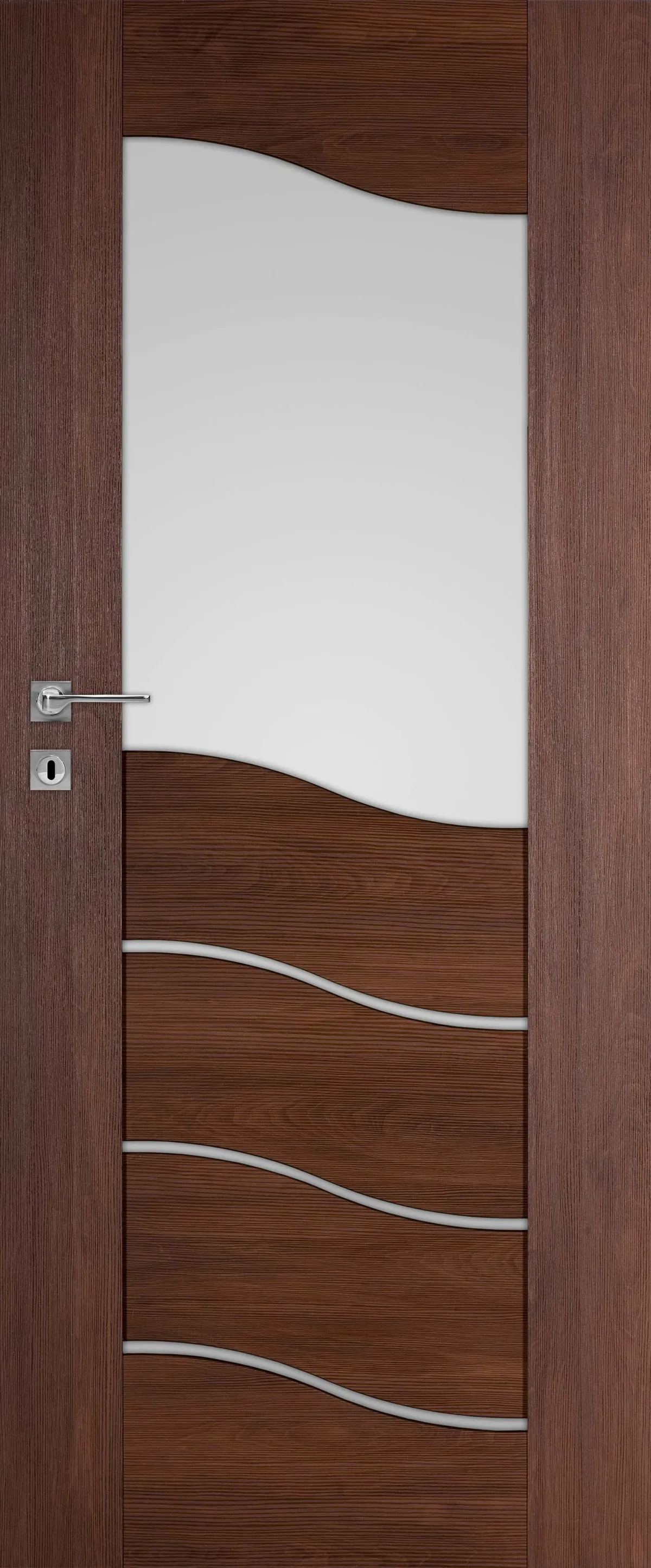 Brązowe drzwi z wbudowanym szklanym panelem i falistymi, metalowymi zdobieniami.