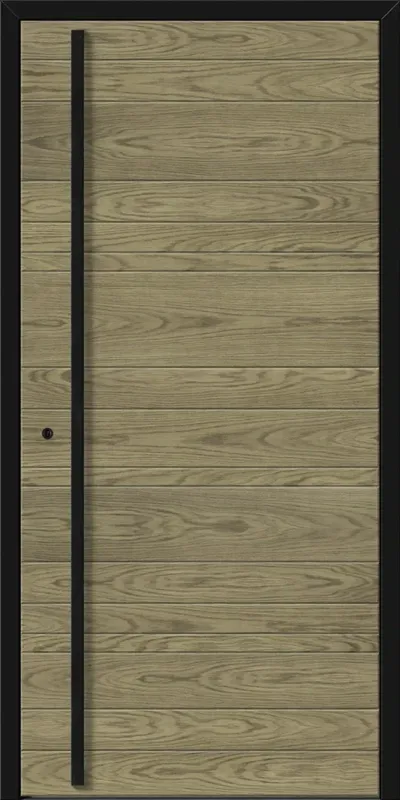 Nowoczesne drzwi w odcieniu jasnego drewna z czarnym uchwytem i prostym wzorem.