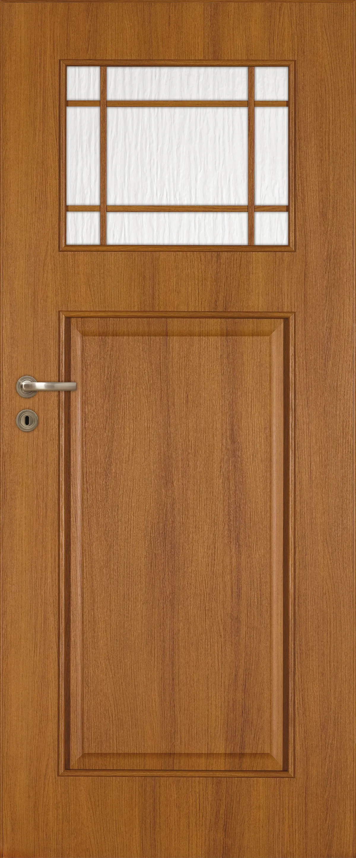 Drewniana drzwi w kolorze orzechowym z prostokątnym przeszkleniem u góry.