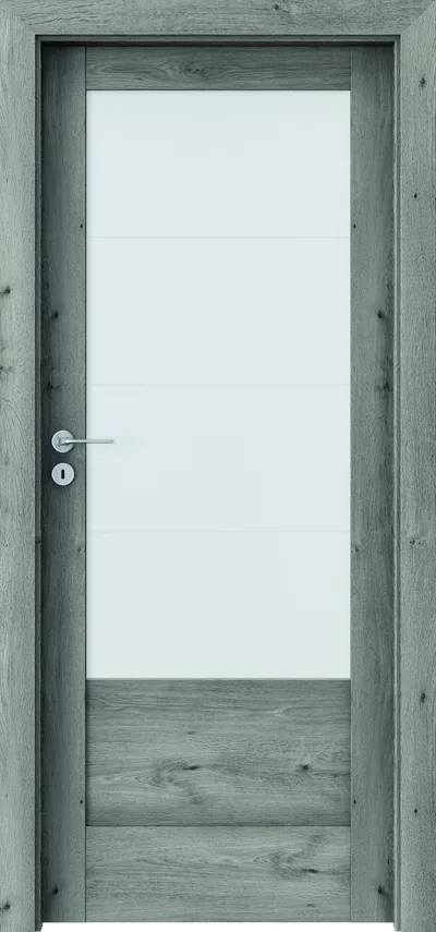 Drzwi wewnętrzne w odcieniu szaro-beżowym z metalowym uchwytem i zamkiem.