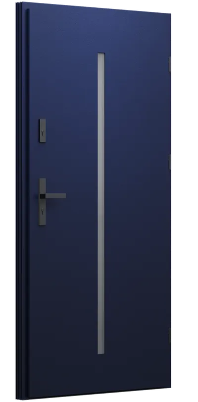 Niebieskie drzwi z wąskim oknem i czarnymi elementami, zamontowane na metalowej ramie.