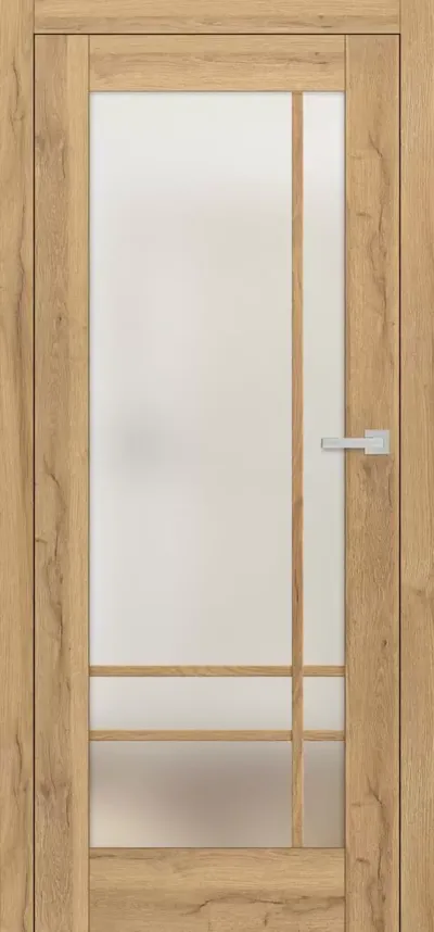 Drzwi w kolorze naturalnego drewna z przeszkleniem, podzielone na prostokątne sekcje.