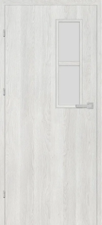 Biała drzwi z małym oknem, o gładkiej powierzchni imitującej drewno.