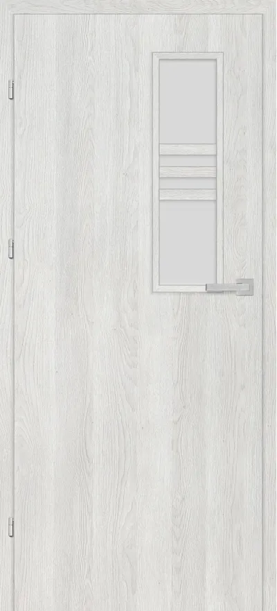 Biała drzwi z oknem w kształcie prostokąta i trzema poziomymi przeszkleniami.