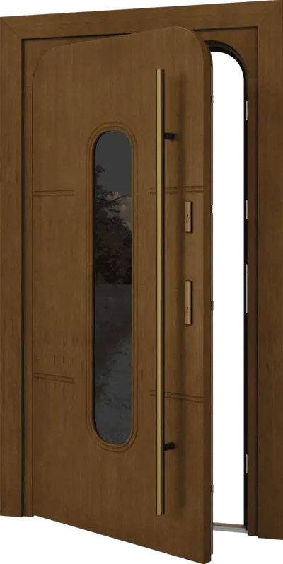 Otwarta drewniana drzwi z okrągłym oknem, prowadzące na zewnątrz, z eleganckim uchwytem.