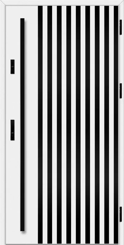 Drzwi w kolorze białym z pionowymi, czarnymi pasami oraz prostymi uchwytami po obu stronach.