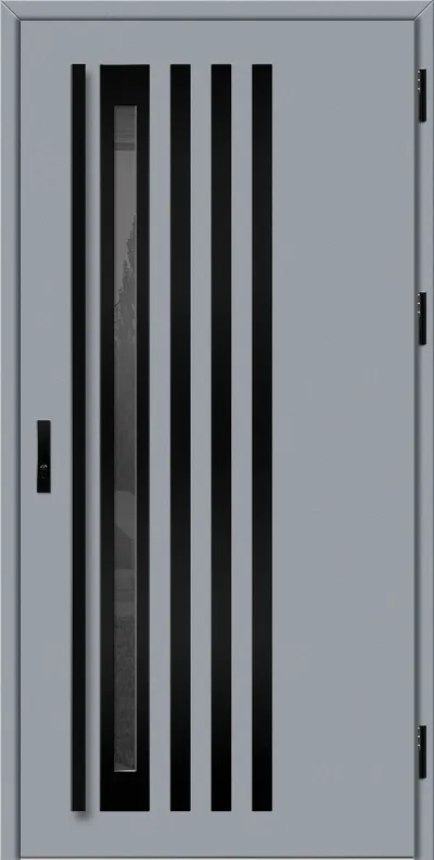 Szara drzwi z czarnymi pionowymi pasami i wąskim oknem, prowadzące do wnętrza.
