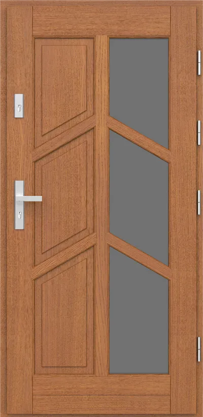 Drzwi z drewna w kolorze brązowym, z geometrycznym wzorem i szklanym wypełnieniem po prawej stronie.