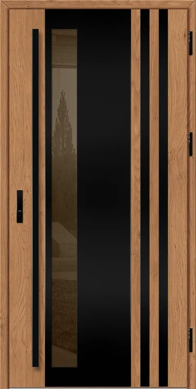 Drzwi z drewnianą ramą i czarnymi wstawkami, z dużym przeszkleniem po lewej stronie.
