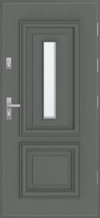 Szara, drewnopodobna drzwi z prostokątnym oknem i nowoczesnym uchwytem.
