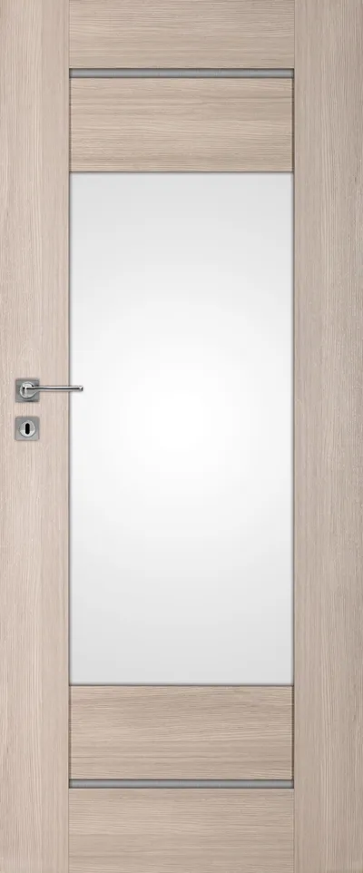 Drzwi wewnętrzne w jasnym kolorze z wbudowanym lustrem i metalowym uchwytem.