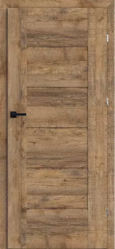 Drzwi w kolorze drewna, z poziomymi panelami i czarnym uchwytem.