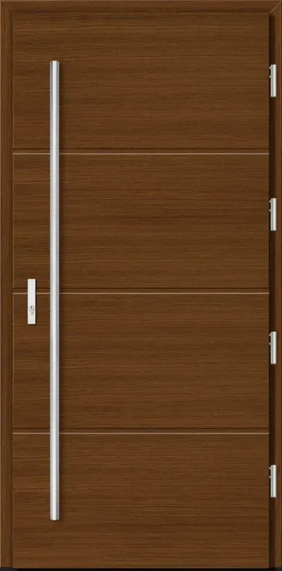 Brązowe drzwi z poziomymi liniami i metalowym uchwytem po lewej stronie.