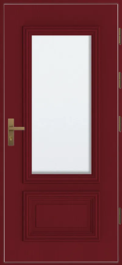 Czerwone drzwi z przeszklonym panelem, ozdobione prostymi ramkami i złotym uchwytem.