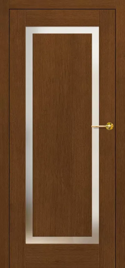 Brązowe drzwi z prostokątnym panelem i szklanym wypełnieniem, z okrągłym uchwytem.