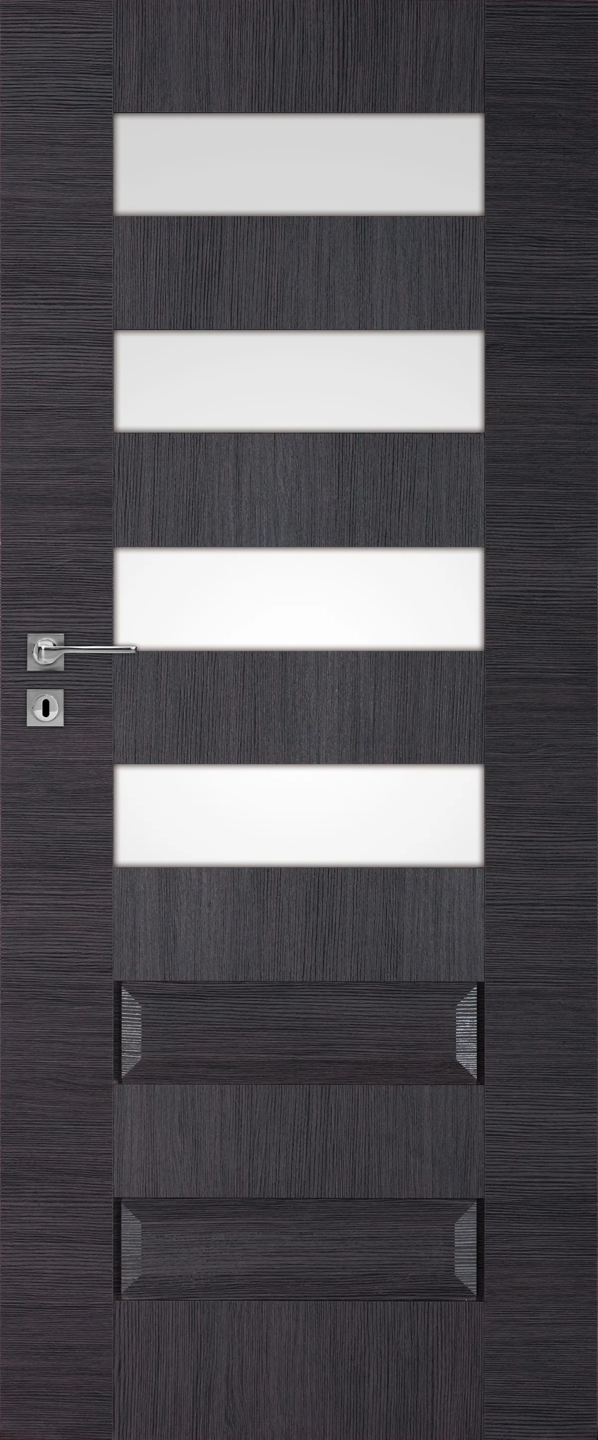 Ciemnoszara drzwi z prostymi, poziomymi przeszkleniami i metalowym uchwytem.
