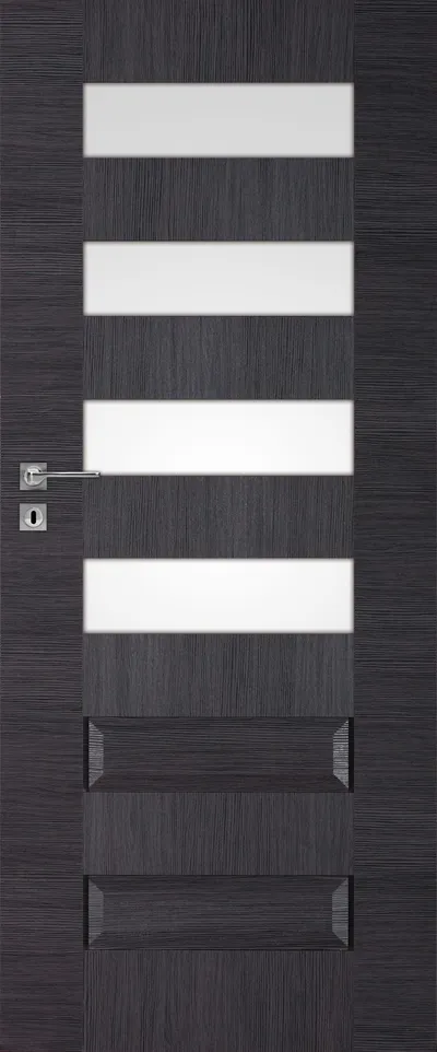 Ciemnoszara drzwi z prostymi, poziomymi przeszkleniami i metalowym uchwytem.