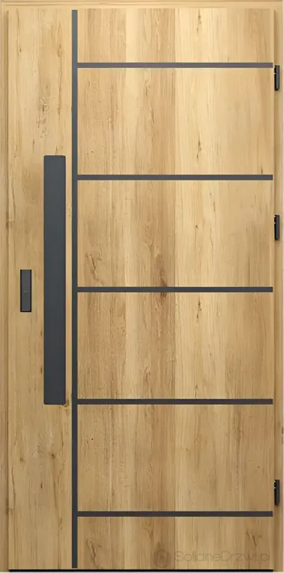 Nowoczesne drzwi w odcieniu drewna z poziomymi liniami i dużym uchwytem po lewej stronie.