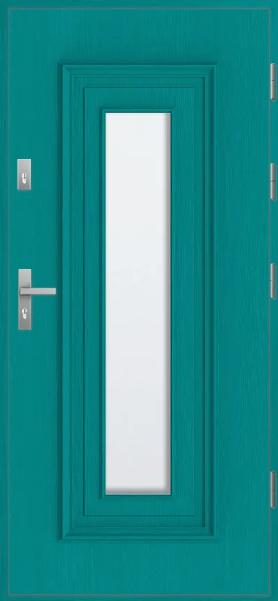 Turkusowe drzwi z prostokątnym oknem, ozdobne ramki i metalowe uchwyty.