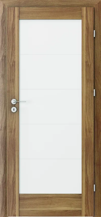 Drzwi w kolorze drewna z białymi panelami i metalowym uchwytem.