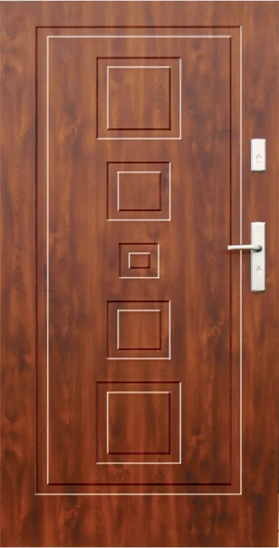 Brązowe drzwi z dekoracyjnymi, wyciętymi prostokątami i metalowym zamkiem.