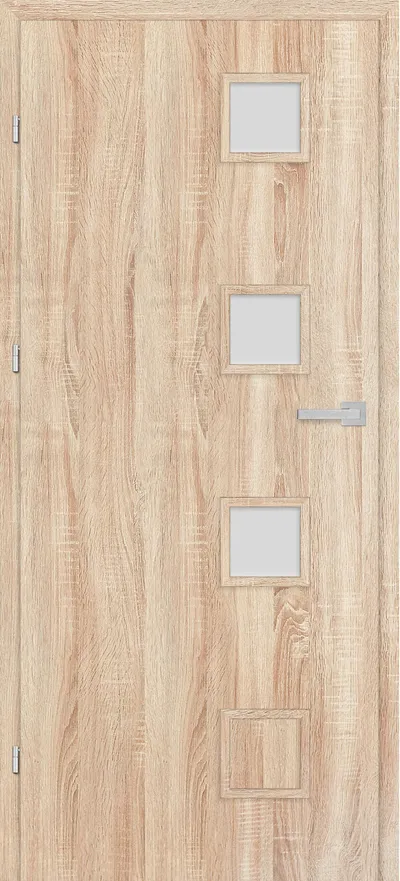 Drzwi w kolorze jasnego drewna z czterema prostokątnymi przeszkleniami i nowoczesnym uchwytem.