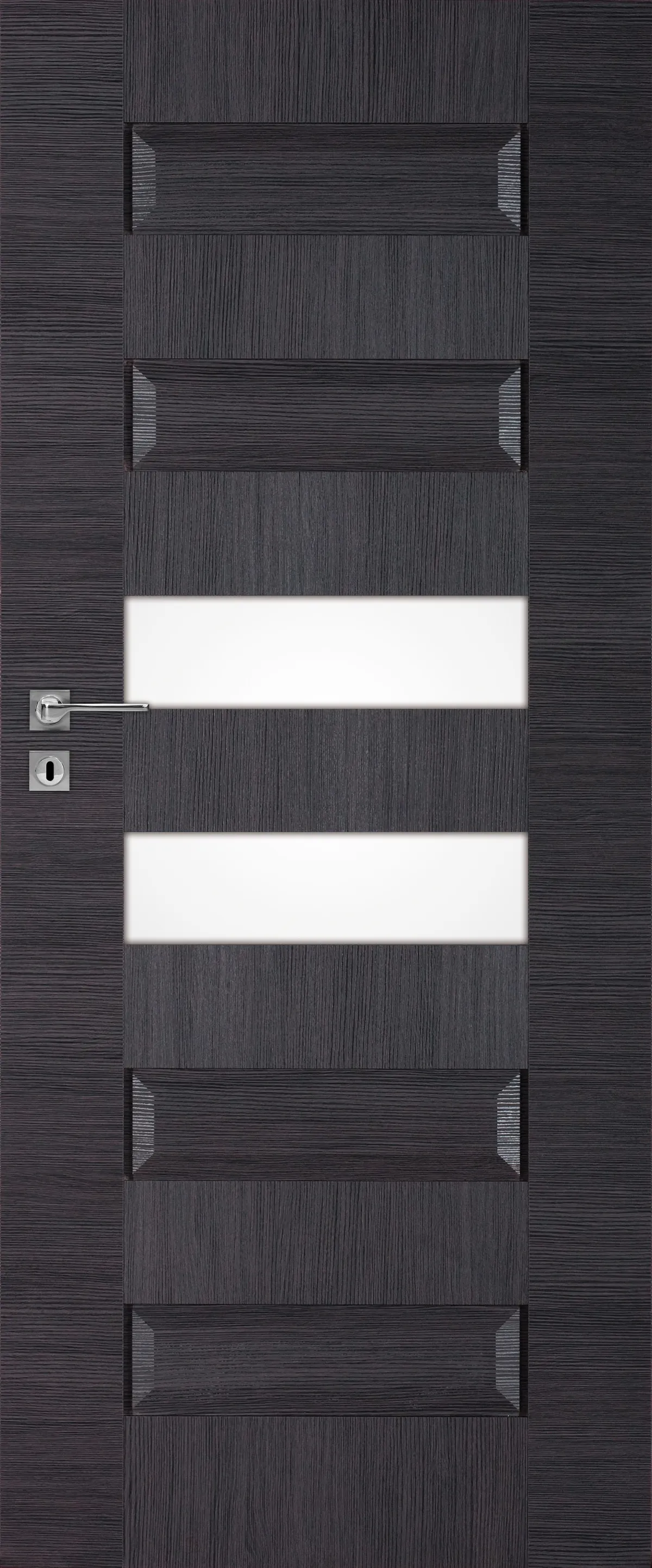 Ciemnoszara drzwi z poziomymi i pionowymi wzorami oraz szklanym wypełnieniem w centralnej części.