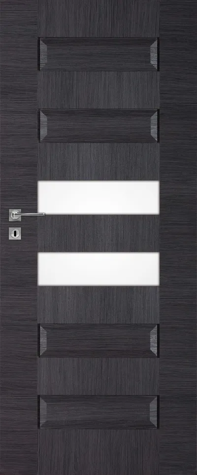 Ciemnoszara drzwi z poziomymi i pionowymi wzorami oraz szklanym wypełnieniem w centralnej części.
