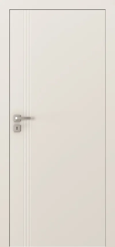 Gładkie, jasne drzwi z metalowym uchwytem i delikatnymi liniami dekoracyjnymi po lewej stronie.