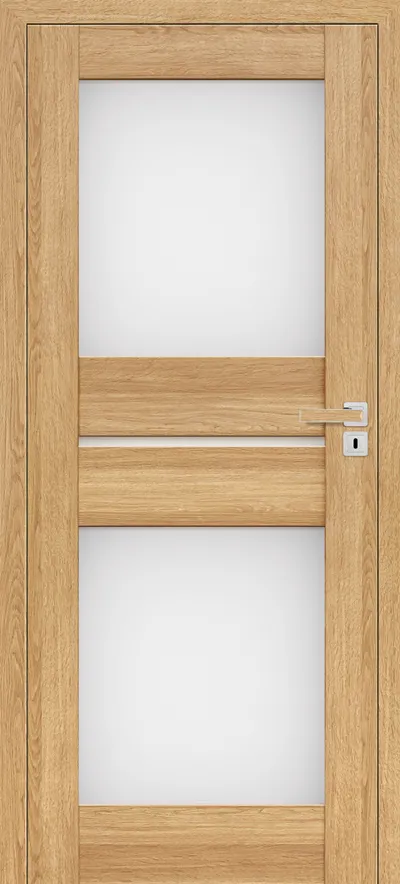 Drzwi w kolorze jasnego drewna z dwoma przeszkleniami i metalowym zamkiem.